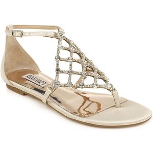 BADGLEY MISCHKA✨ rhinestone gold fancy flats silky satin t-strap party wedding